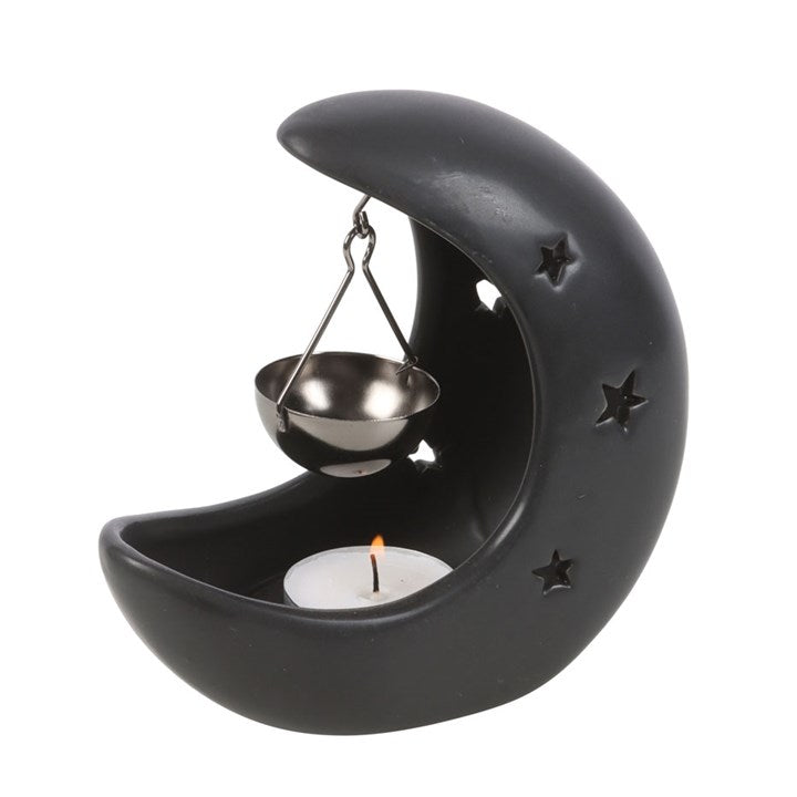 Black Crescent Moon Oil Burner – Celestial Ceramic Wax & Fragrance Diffuser with Star Cutouts