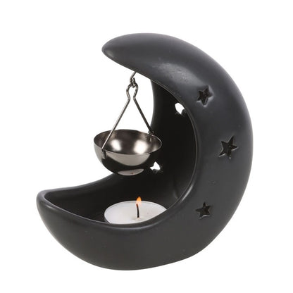 Black Crescent Moon Oil Burner – Celestial Ceramic Wax & Fragrance Diffuser with Star Cutouts