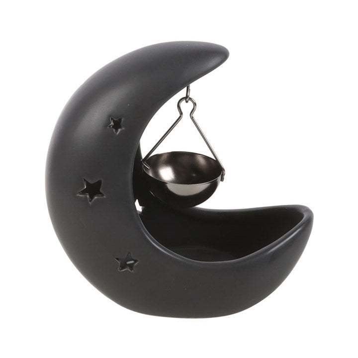 Black Crescent Moon Oil Burner – Celestial Ceramic Wax & Fragrance Diffuser with Star Cutouts