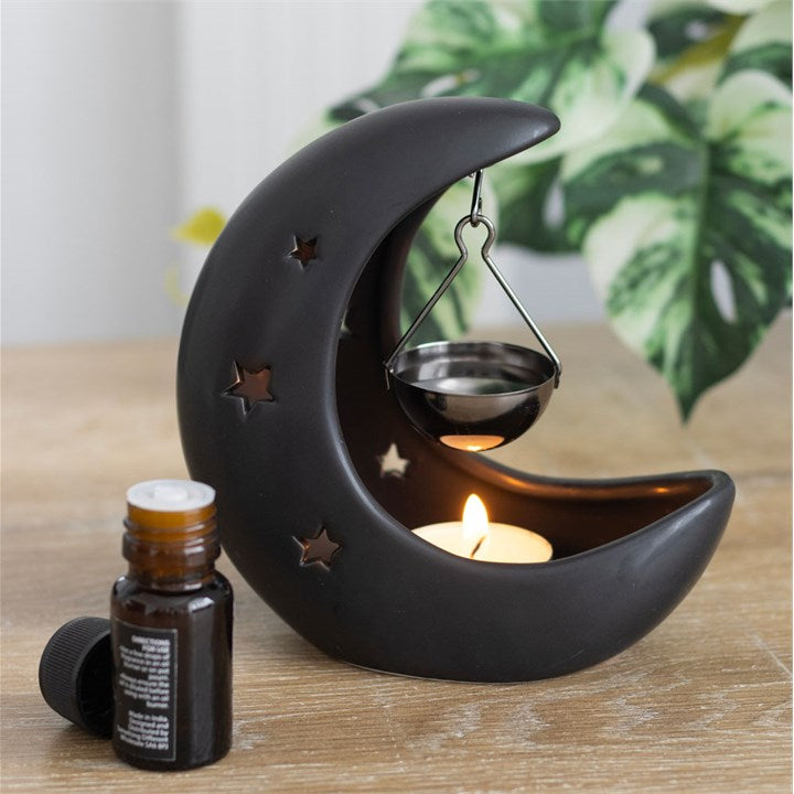 Black Crescent Moon Oil Burner – Celestial Ceramic Wax & Fragrance Diffuser with Star Cutouts