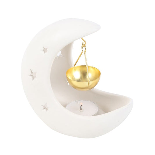 White Crescent Moon Oil Burner – Luxury Hanging Bowl Wax & Fragrance Diffuser for Lunar Energy & Intuition