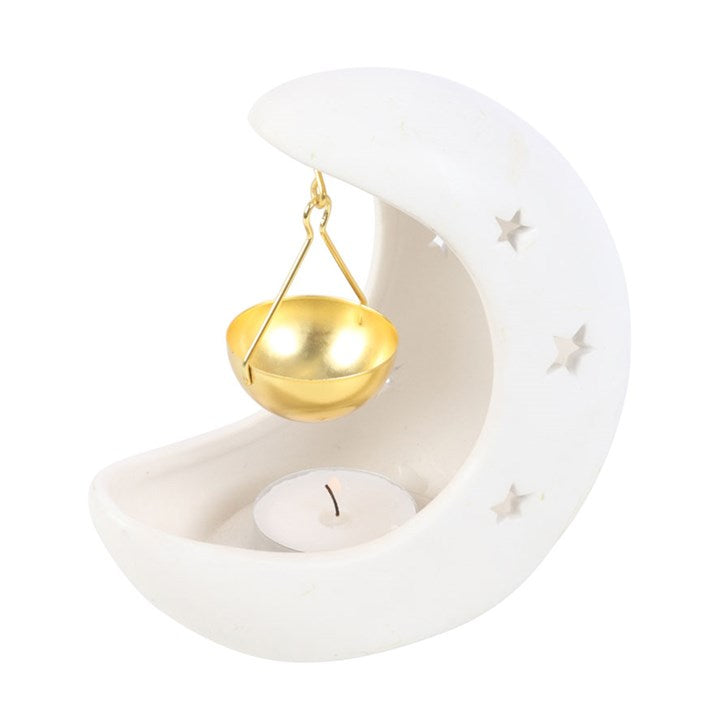 White Crescent Moon Oil Burner – Luxury Hanging Bowl Wax & Fragrance Diffuser for Lunar Energy & Intuition