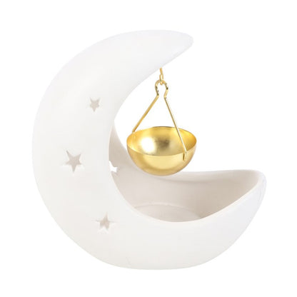 White Crescent Moon Oil Burner – Luxury Hanging Bowl Wax & Fragrance Diffuser for Lunar Energy & Intuition