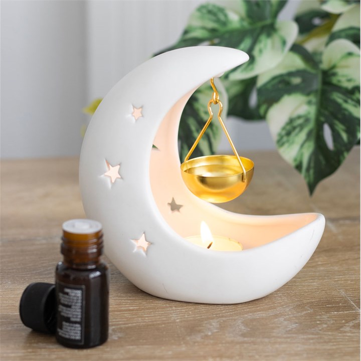 White Crescent Moon Oil Burner – Luxury Hanging Bowl Wax & Fragrance Diffuser for Lunar Energy & Intuition