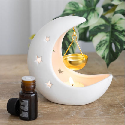 White Crescent Moon Oil Burner – Luxury Hanging Bowl Wax & Fragrance Diffuser for Lunar Energy & Intuition