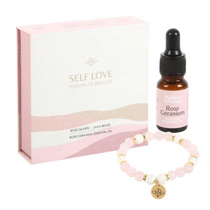 Self Love Lava Bead Bracelet & Rose Geranium Oil Gift Set – Rose Quartz Healing Jewellery for Confidence & Care