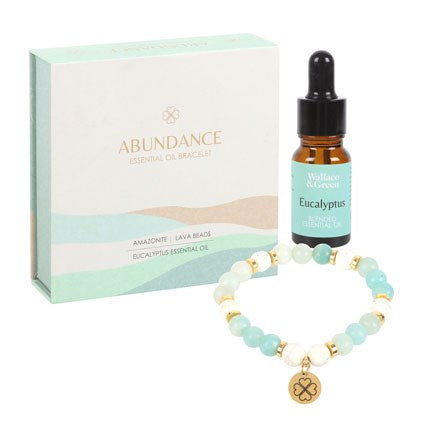 Abundance Lava Bead Bracelet & Eucalyptus Essential Oil Gift Set – Amazonite Crystal Healing Jewellery for Luck & Prosperity