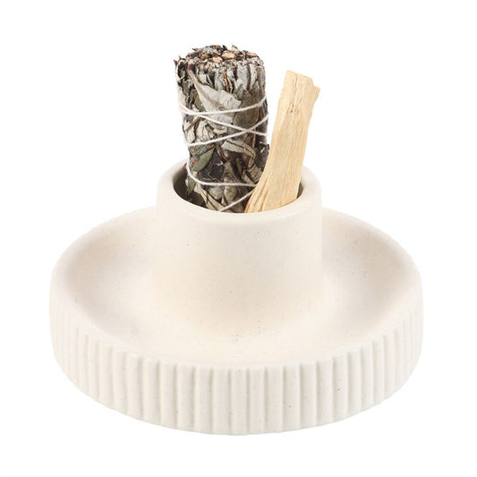 Ceramic Smudge Bowl for Cleansing Rituals – Cream Ribbed Design