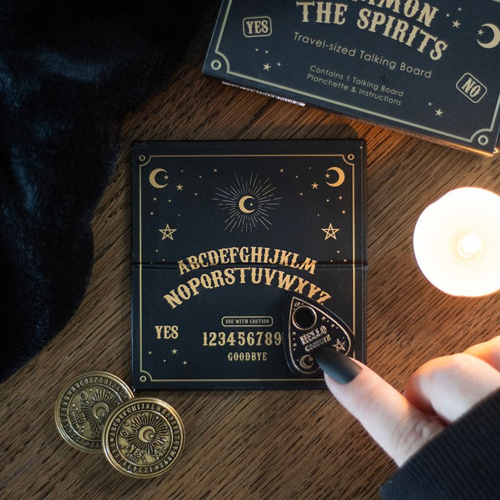 Mini Travel Talking Board – Pocket-Sized Spirit Board with Planchette in Black & Gold