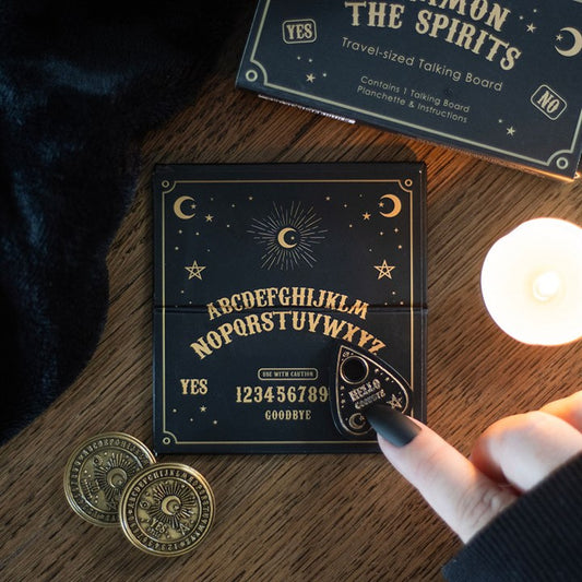 Mini Travel Talking Board – Pocket-Sized Spirit Board with Planchette in Black & Gold