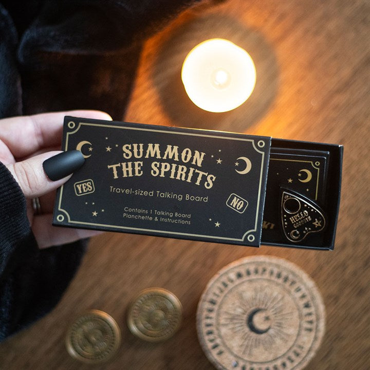 Mini Travel Talking Board – Pocket-Sized Spirit Board with Planchette in Black & Gold