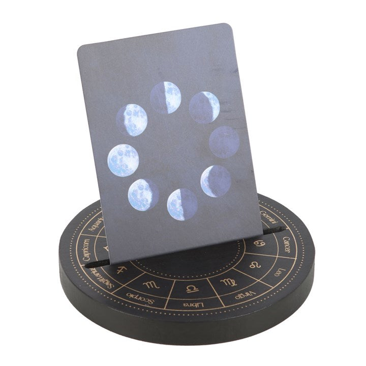 Black Wooden TAROT CARD STAND – Astrology Wheel Design for Daily Tarot Display