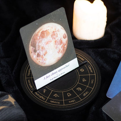 Black Wooden TAROT CARD STAND – Astrology Wheel Design for Daily Tarot Display