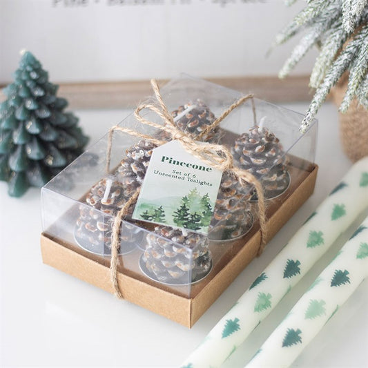Set of 6 Pinecone Tealight Candles – Woodland Christmas Tealights for Festive Décor
