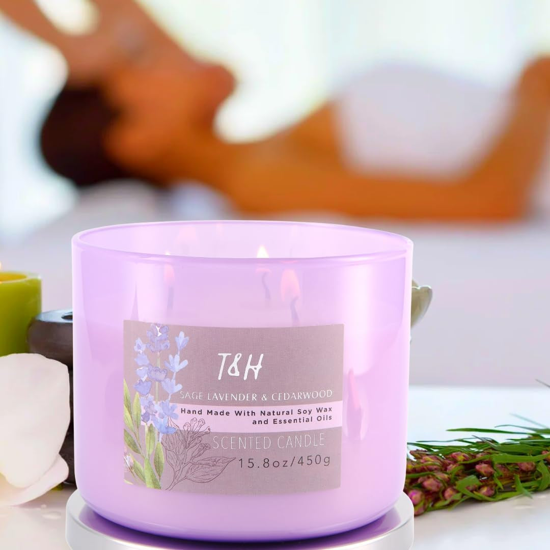 Sage Lavender Cedar Candle 3 Wick | Large Scented Candle for Home 15.8 Oz | Energy Cleansing Candle, Sage Candle | Natural Soy Candle Clean Burn | Lavender Candle Aromatherapy, Gift for Women & Men