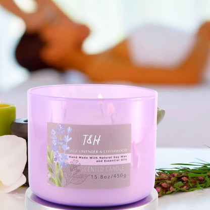 Sage Lavender Cedar Candle 3 Wick | Large Scented Candle for Home 15.8 Oz | Energy Cleansing Candle, Sage Candle | Natural Soy Candle Clean Burn | Lavender Candle Aromatherapy, Gift for Women & Men