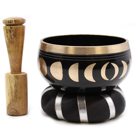 Moon Phase Singing Bowl Set – 10.7 cm Black Brass Meditation Bowl with Mallet & Cushion