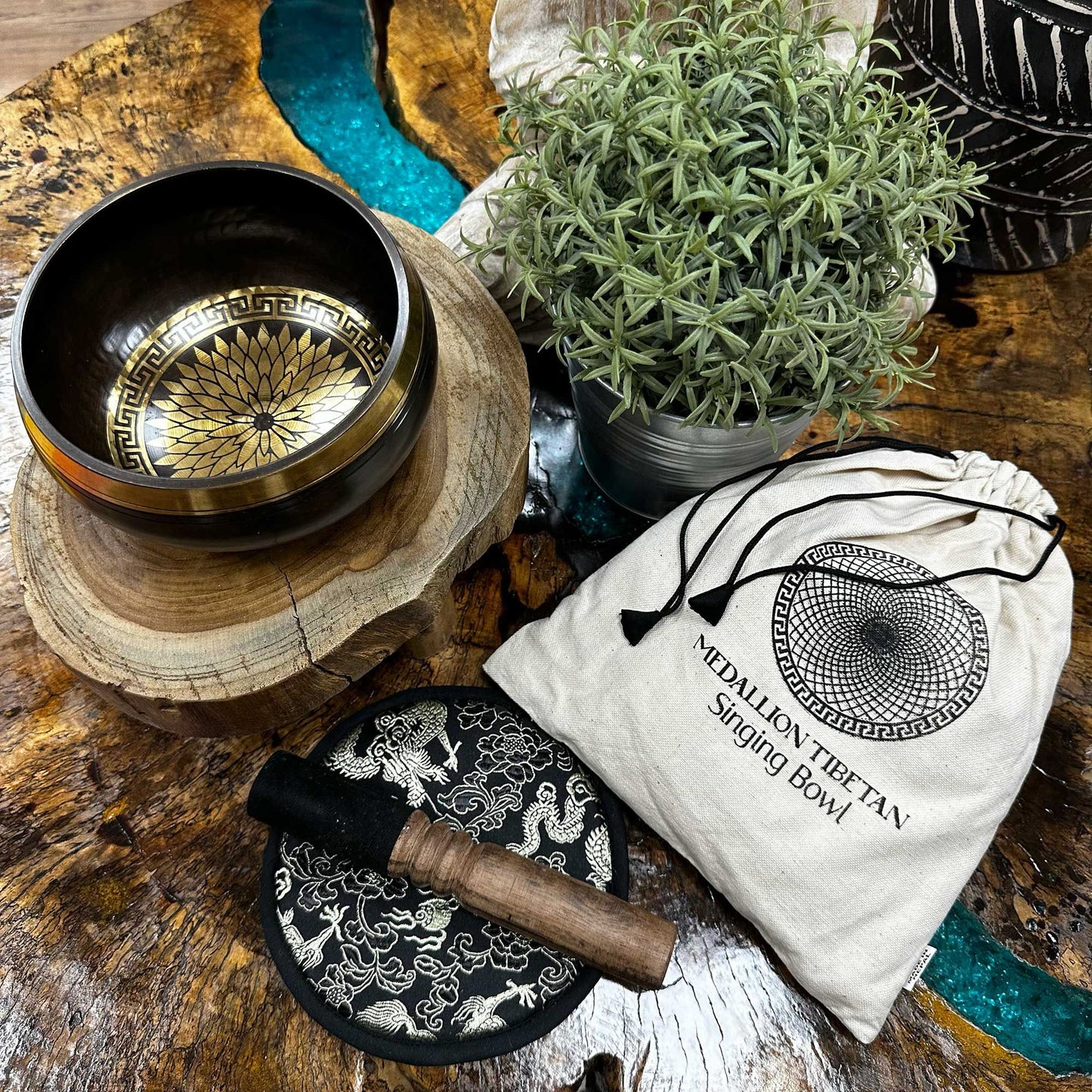 Hand Beaten & Engraved Singing Bowl Gift Set – 14cm, Round Medallions with Mallet, Cushion & Pouch