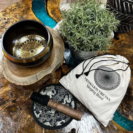 Hand Beaten & Engraved Singing Bowl Gift Set – 14cm, Round Medallions with Mallet, Cushion & Pouch