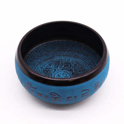 Earth Powder Singing Bowl – Blue Mantra Five Buddha Design (16cm) | Handcrafted Brass Meditation Bowl