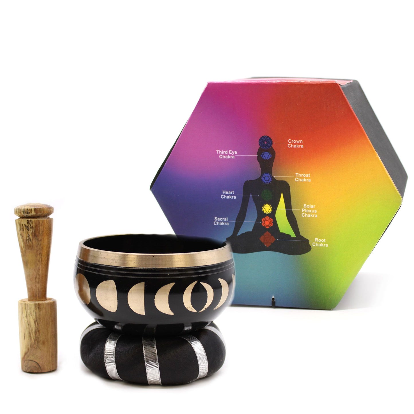 Moon Phase Singing Bowl Set – 10.7 cm Black Brass Meditation Bowl with Mallet & Cushion