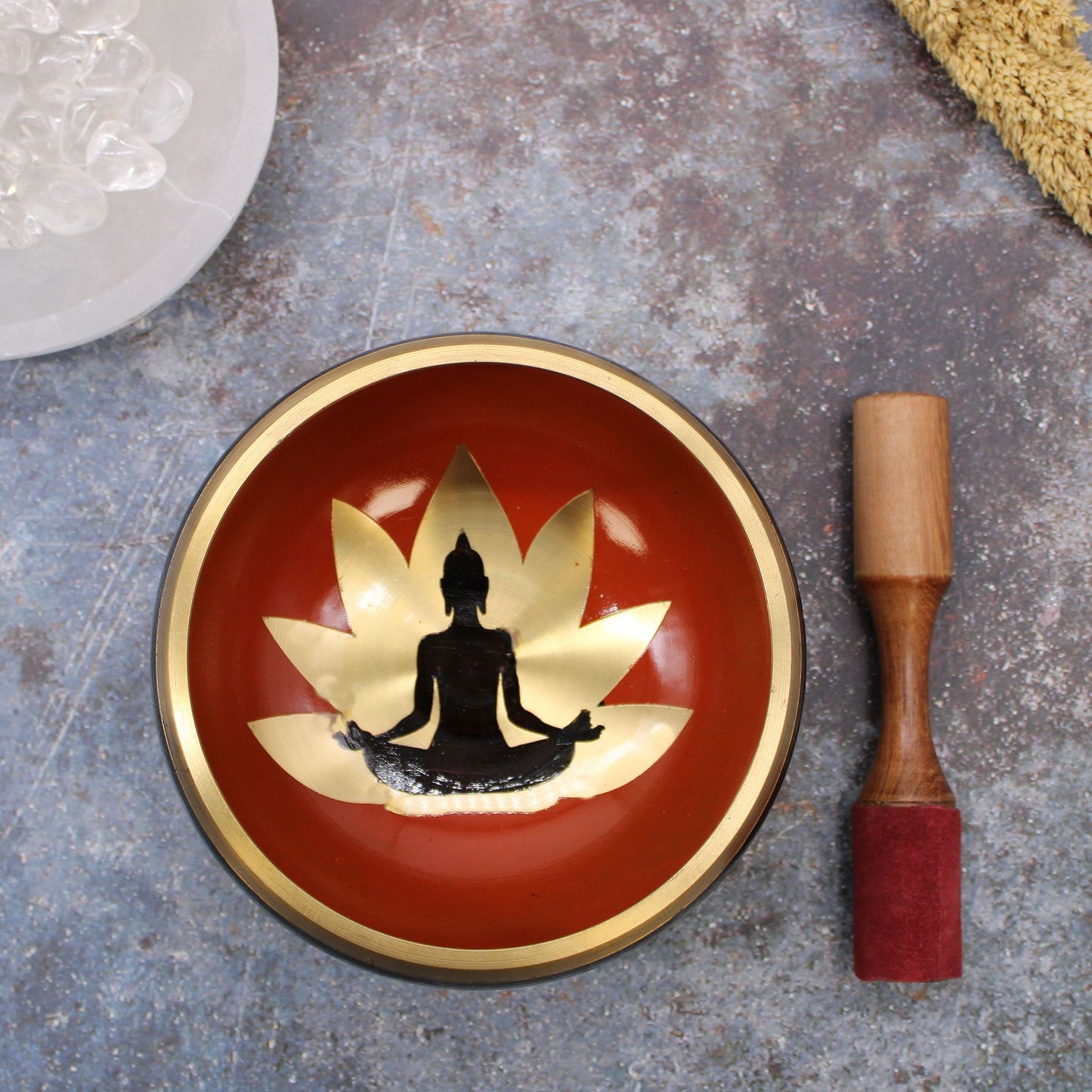 Large Buddha Singing Bowl Set – Black & Orange Handcrafted Brass Meditation Bowl (14 cm)