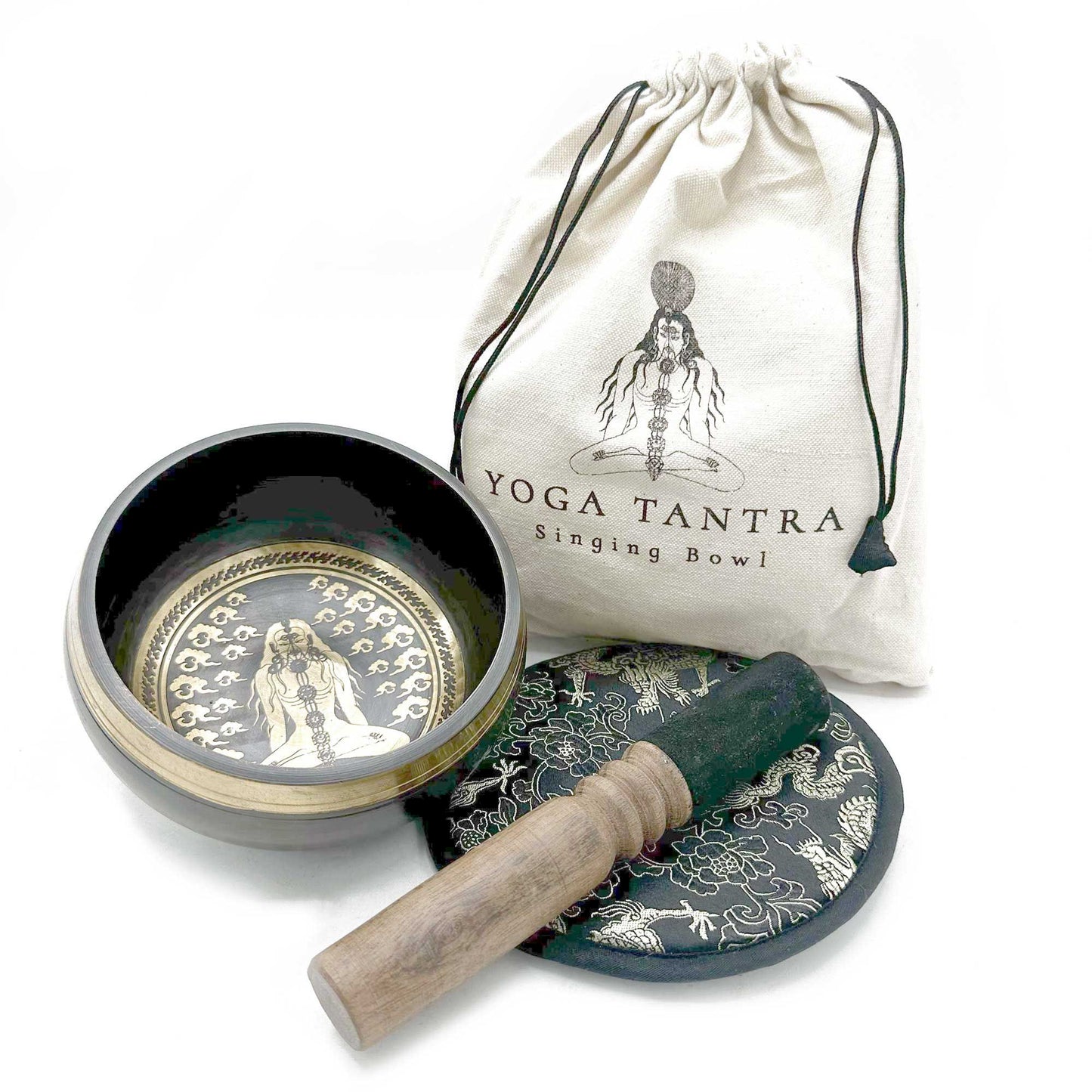Hand Beaten & Engraved Yogi Singing Bowl Gift Set – 14cm with Mallet, Cushion & Pouch