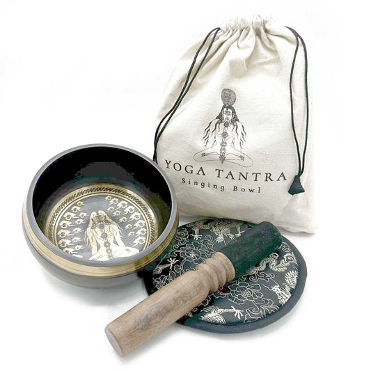 Hand Beaten & Engraved Yogi Singing Bowl Gift Set – 14cm with Mallet, Cushion & Pouch