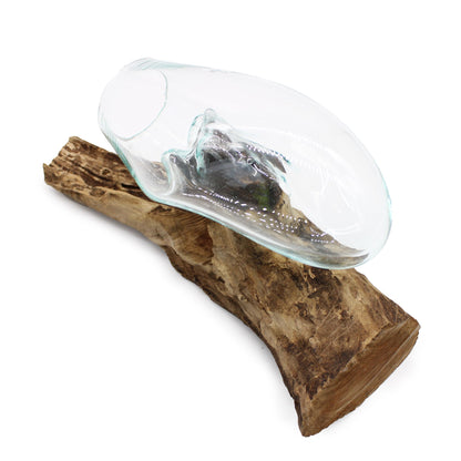 Molten Glass Hanging Bowl on Natural Wood – Handcrafted Art Piece