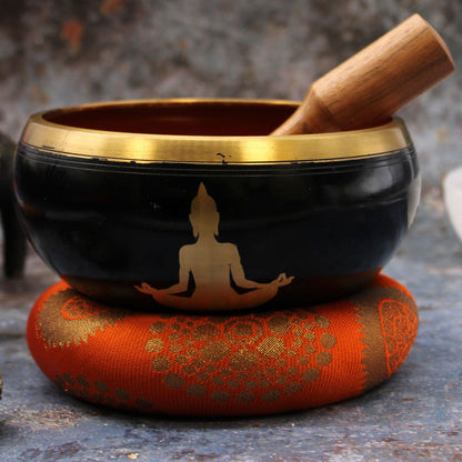 Large Buddha Singing Bowl Set – Black & Orange Handcrafted Brass Meditation Bowl (14 cm)