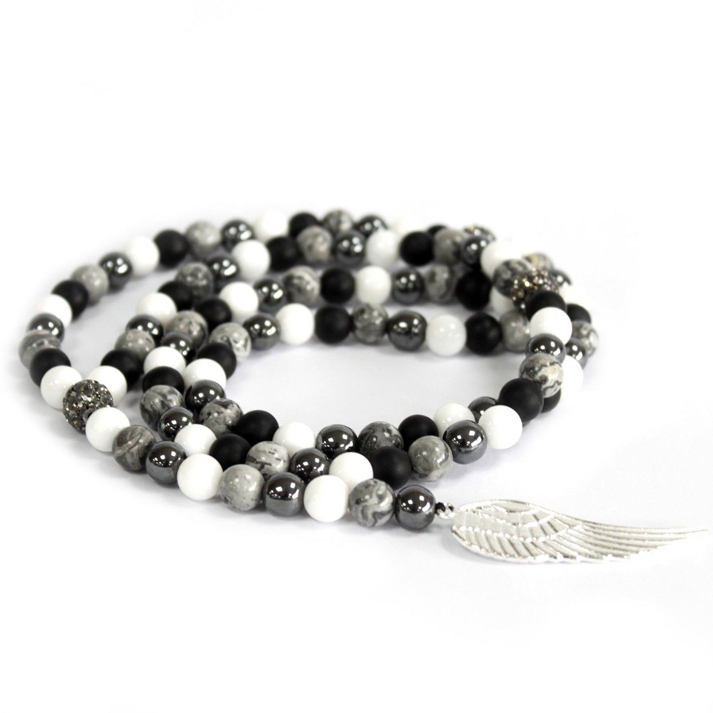 Grey Agate Gemstone Necklace with Angel Wing Charm