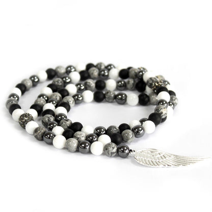 Grey Agate Gemstone Necklace with Angel Wing Charm