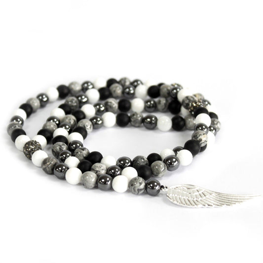 Grey Agate Gemstone Necklace with Angel Wing Charm