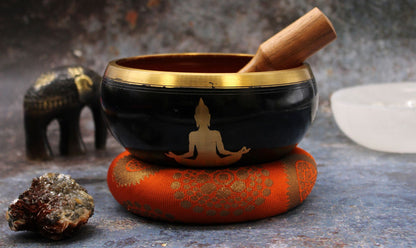 Large Buddha Singing Bowl Set – Black & Orange Handcrafted Brass Meditation Bowl (14 cm)