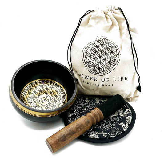 Hand Beaten & Engraved Singing Bowl Gift Set – 14cm, Flower of Life with Mallet, Cushion & Pouch