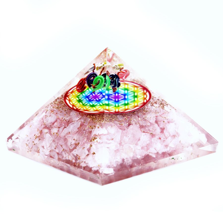 Orgonite Pyramid – Rose Quartz Rainbow Flower of Life – 70mm
