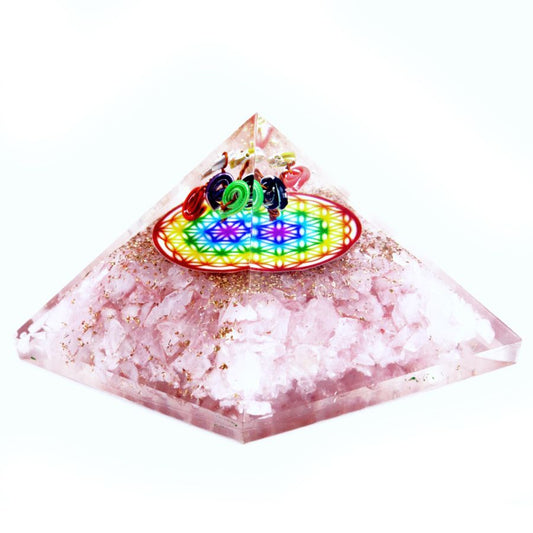 Orgonite Pyramid – Rose Quartz Rainbow Flower of Life – 70mm