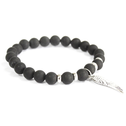 Black Agate Gemstone Bracelet with Angel Wing Charm
