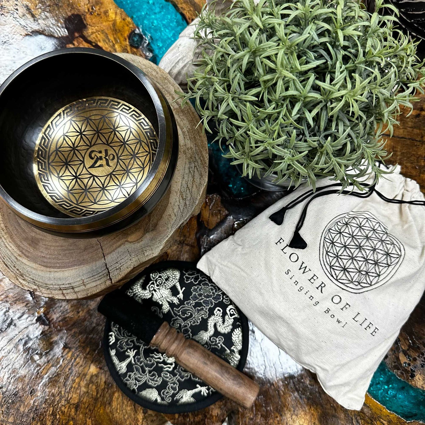 Hand Beaten & Engraved Singing Bowl Gift Set – 14cm, Flower of Life with Mallet, Cushion & Pouch