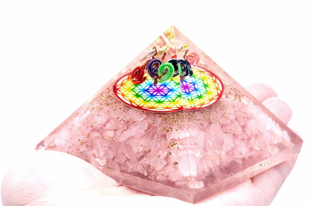 Orgonite Pyramid – Rose Quartz Rainbow Flower of Life – 70mm