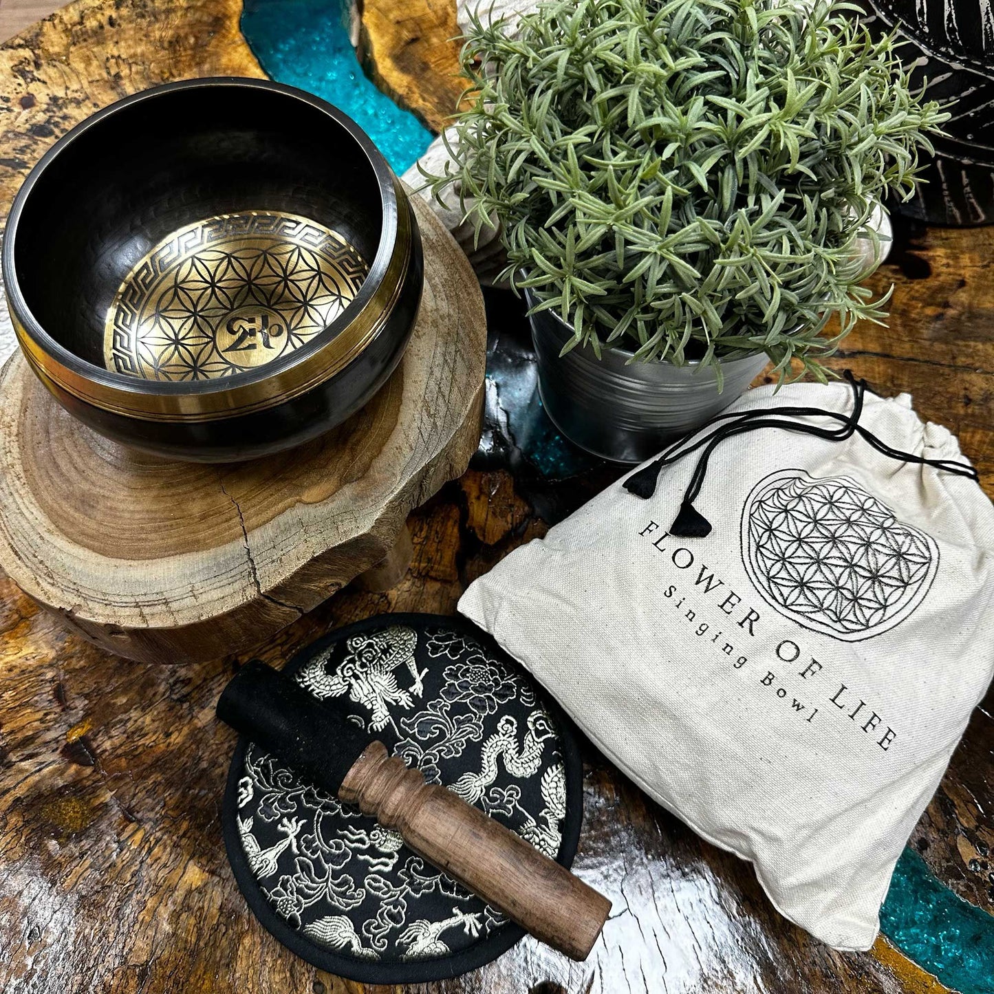 Hand Beaten & Engraved Singing Bowl Gift Set – 14cm, Flower of Life with Mallet, Cushion & Pouch