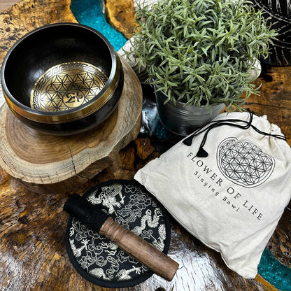 Hand Beaten & Engraved Singing Bowl Gift Set – 14cm, Flower of Life with Mallet, Cushion & Pouch