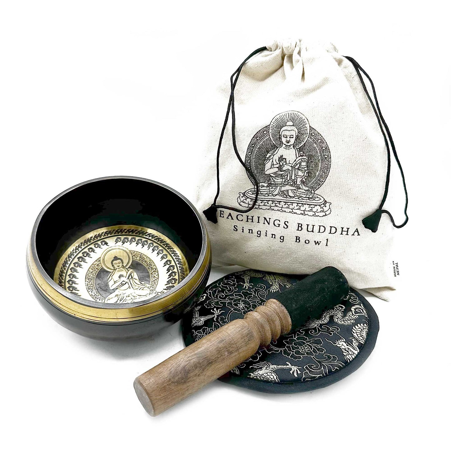 Hand Beaten & Engraved Singing Bowl Gift Set – 14cm, Teachings of Buddha with Mallet, Cushion & Pouch