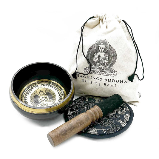 Hand Beaten & Engraved Singing Bowl Gift Set – 14cm, Teachings of Buddha with Mallet, Cushion & Pouch