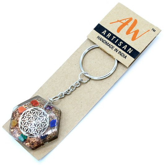 Orgonite Power Keyring – Octagon Flower of Life with 7 Chakra Stones