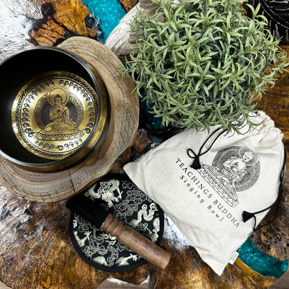 Hand Beaten & Engraved Singing Bowl Gift Set – 14cm, Teachings of Buddha with Mallet, Cushion & Pouch