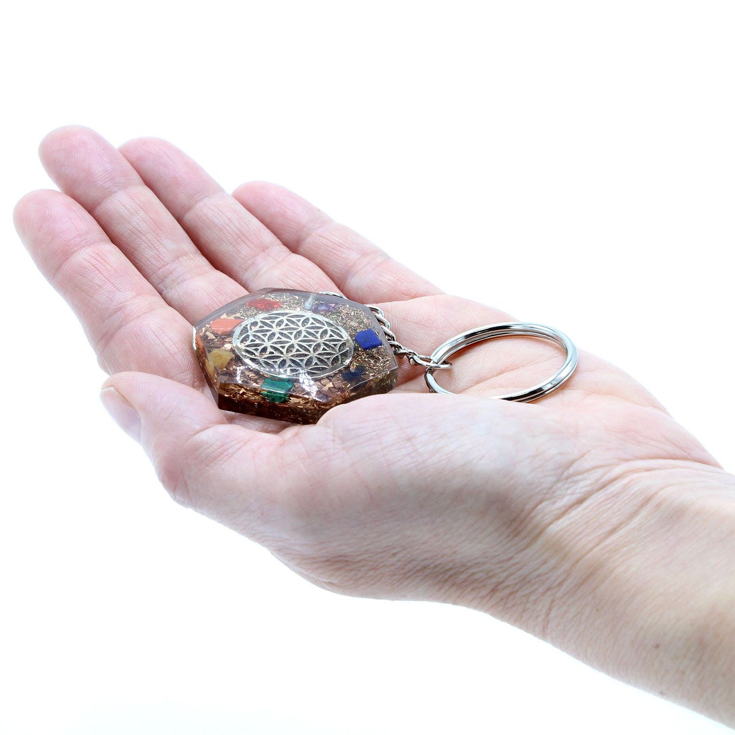 Orgonite Power Keyring – Octagon Flower of Life with 7 Chakra Stones
