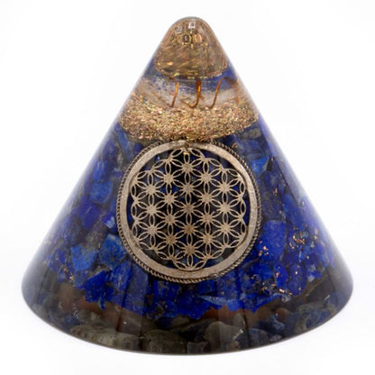 Orgonite Cone – Lapis with Flower of Life & Suspended Quartz (90mm)