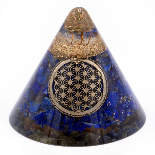 Orgonite Cone – Lapis with Flower of Life & Suspended Quartz (90mm)