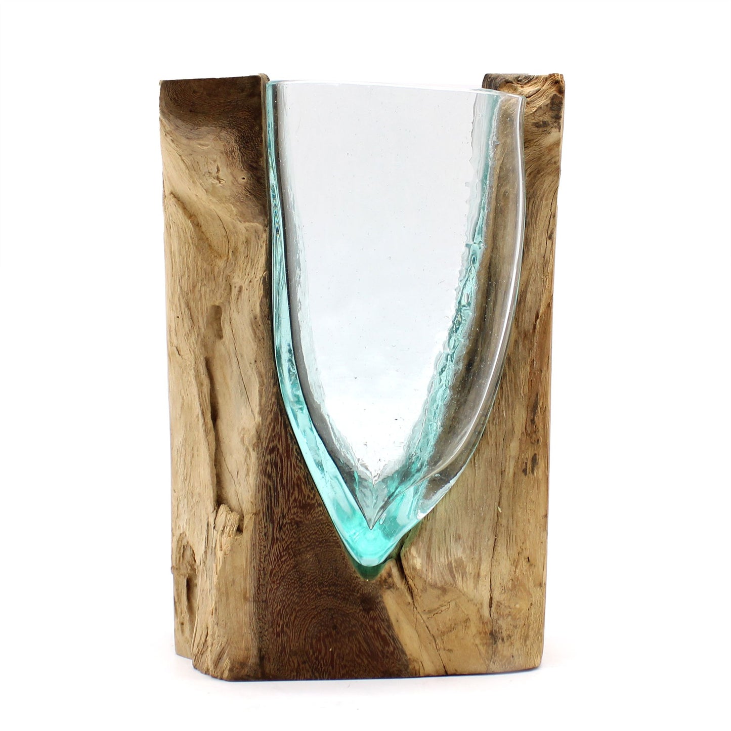 Molten Glass V-Shaped Art Vase on Wood – Handcrafted Natural Decor